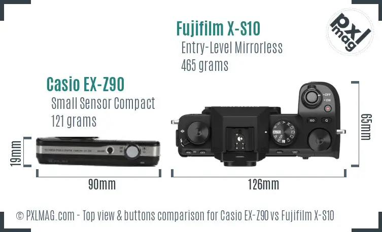 Casio EX-Z90 vs Fujifilm X-S10 top view buttons comparison Casio EX-Z90 vs Fujifilm X-S10 top view buttons comparison