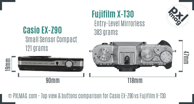 Casio EX-Z90 vs Fujifilm X-T30 top view buttons comparison Casio EX-Z90 vs Fujifilm X-T30 top view buttons comparison
