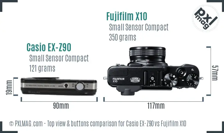 Casio EX-Z90 vs Fujifilm X10 top view buttons comparison