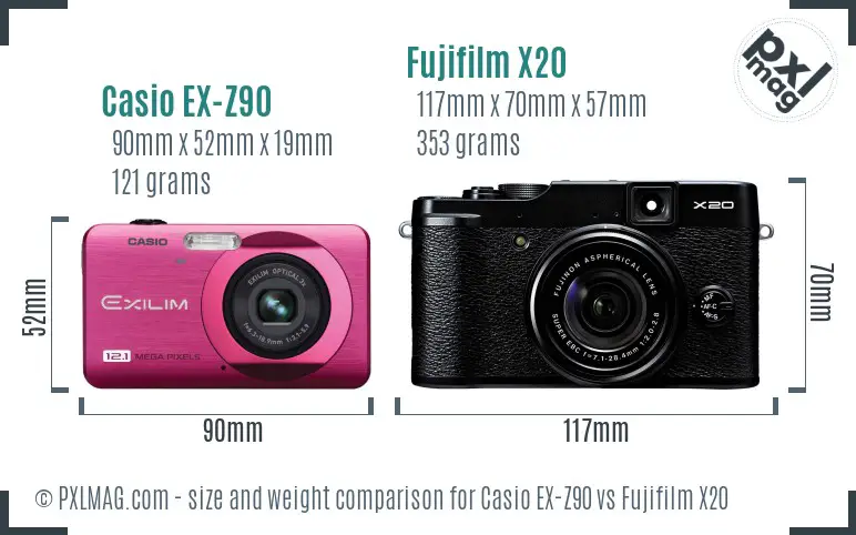 Casio EX-Z90 vs Fujifilm X20 size comparison