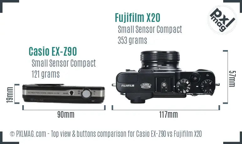 Casio EX-Z90 vs Fujifilm X20 top view buttons comparison