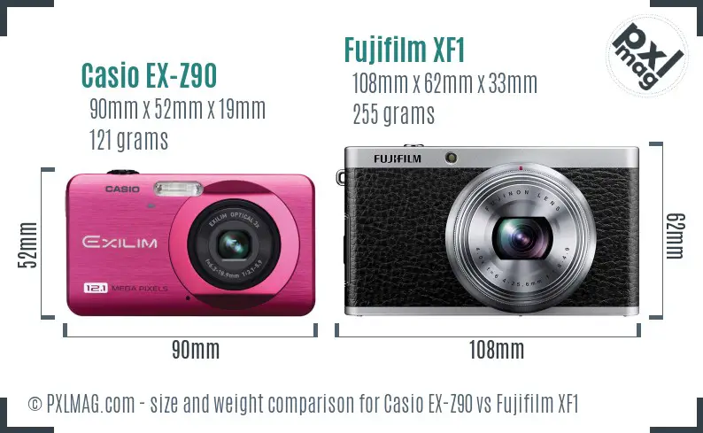 Casio EX-Z90 vs Fujifilm XF1 size comparison