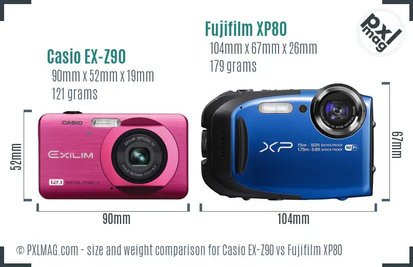 Casio EX-Z90 vs Fujifilm XP80 size comparison Casio EX-Z90 vs Fujifilm XP80 size comparison