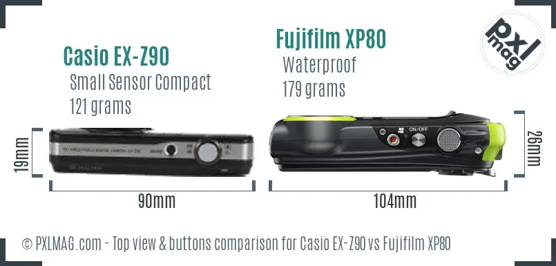Casio EX-Z90 vs Fujifilm XP80 top view buttons comparison Casio EX-Z90 vs Fujifilm XP80 top view buttons comparison