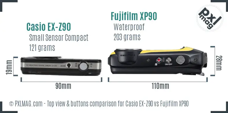 Casio EX-Z90 vs Fujifilm XP90 top view buttons comparison