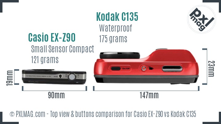 Casio EX-Z90 vs Kodak C135 top view buttons comparison