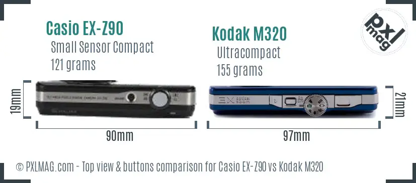 Casio EX-Z90 vs Kodak M320 top view buttons comparison