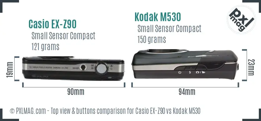 Casio EX-Z90 vs Kodak M530 top view buttons comparison Casio EX-Z90 vs Kodak M530 top view buttons comparison