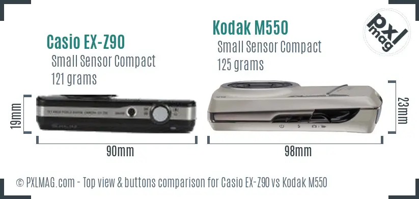 Casio EX-Z90 vs Kodak M550 top view buttons comparison Casio EX-Z90 vs Kodak M550 top view buttons comparison