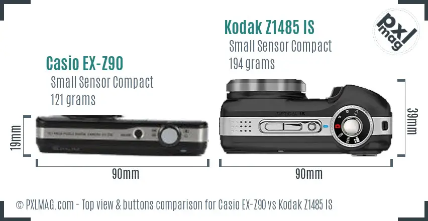 Casio EX-Z90 vs Kodak Z1485 IS top view buttons comparison Casio EX-Z90 vs Kodak Z1485 IS top view buttons comparison