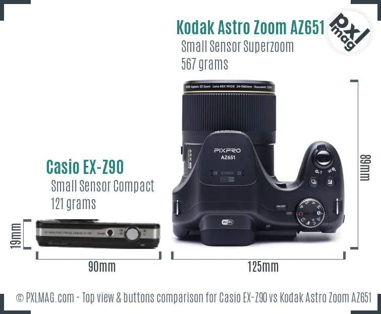 Casio EX-Z90 vs Kodak Astro Zoom AZ651 top view buttons comparison