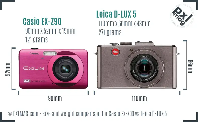 Casio EX-Z90 vs Leica D-LUX 5 size comparison