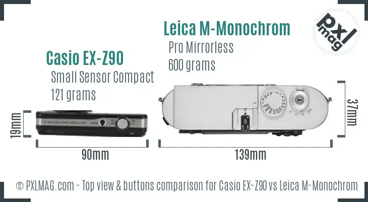 Casio EX-Z90 vs Leica M-Monochrom top view buttons comparison