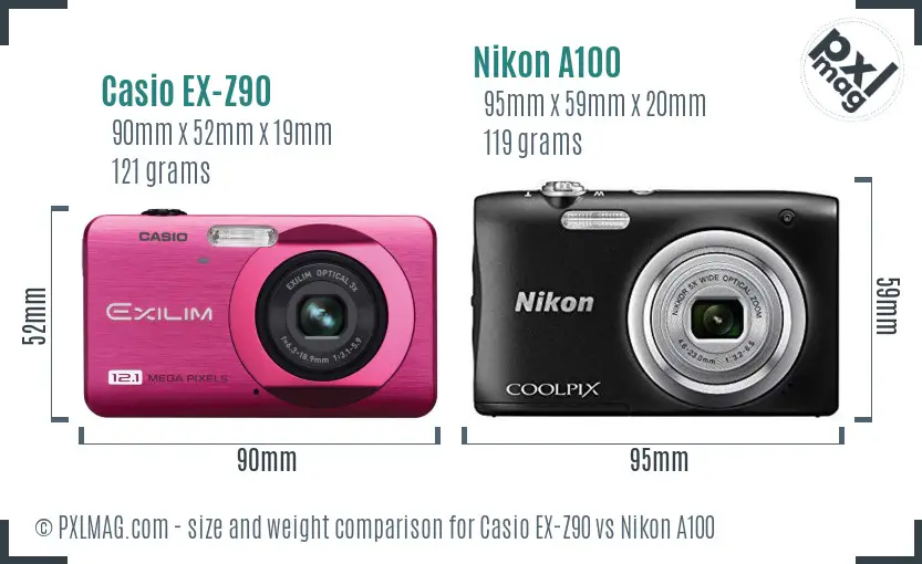 Casio EX-Z90 vs Nikon A100 size comparison