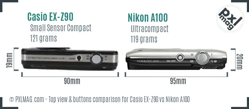 Casio EX-Z90 vs Nikon A100 top view buttons comparison