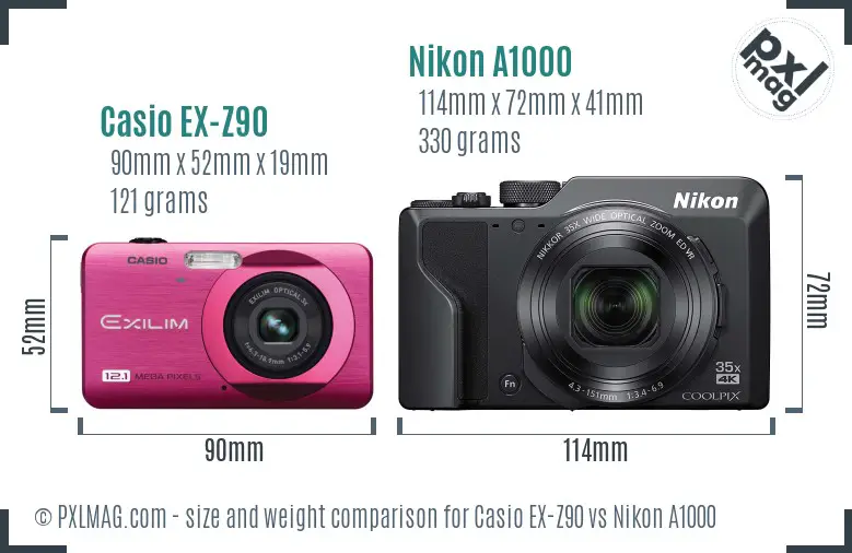 Casio EX-Z90 vs Nikon A1000 size comparison