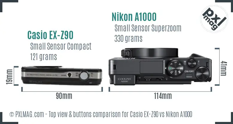 Casio EX-Z90 vs Nikon A1000 top view buttons comparison