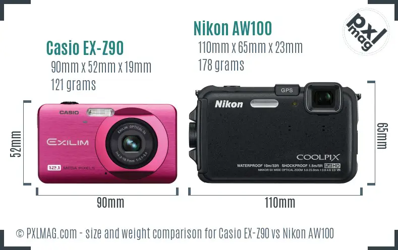 Casio EX-Z90 vs Nikon AW100 size comparison