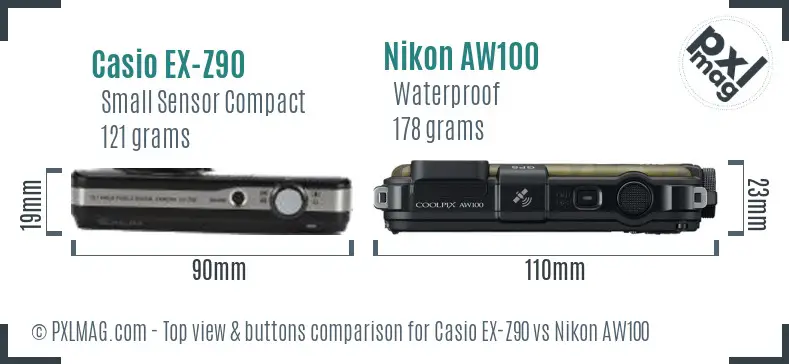 Casio EX-Z90 vs Nikon AW100 top view buttons comparison