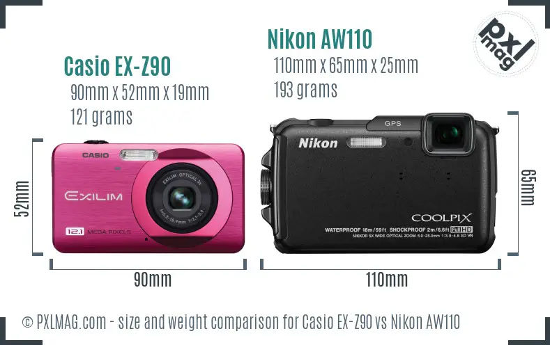 Casio EX-Z90 vs Nikon AW110 size comparison