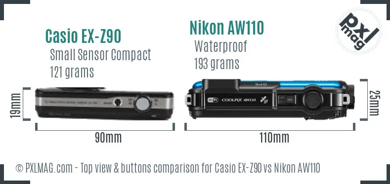 Casio EX-Z90 vs Nikon AW110 top view buttons comparison