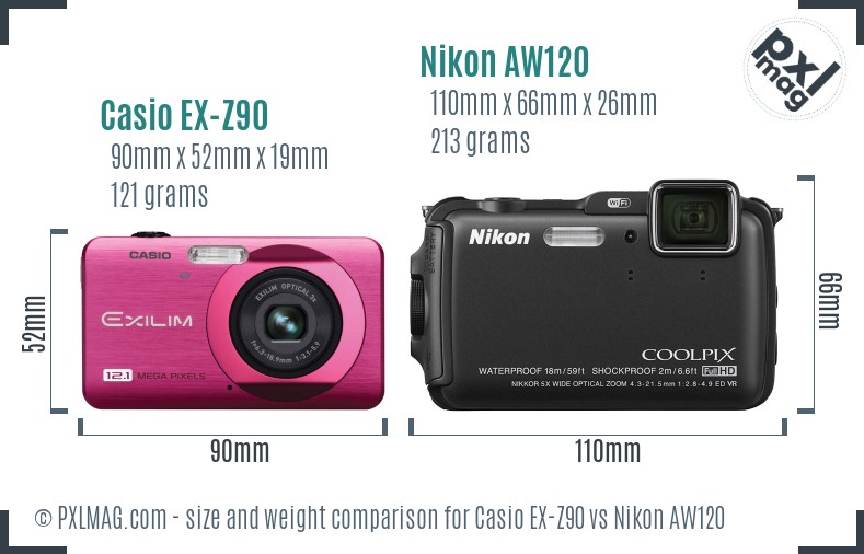 Casio EX-Z90 vs Nikon AW120 size comparison