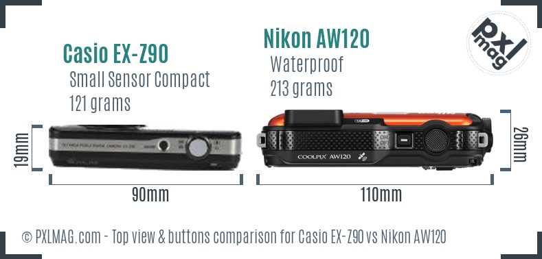 Casio EX-Z90 vs Nikon AW120 top view buttons comparison