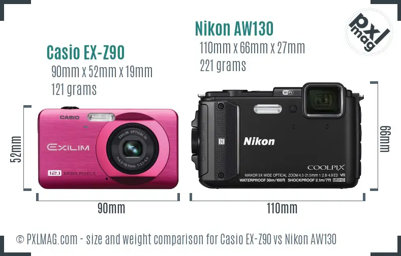 Casio EX-Z90 vs Nikon AW130 size comparison Casio EX-Z90 vs Nikon AW130 size comparison