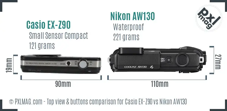 Casio EX-Z90 vs Nikon AW130 top view buttons comparison Casio EX-Z90 vs Nikon AW130 top view buttons comparison