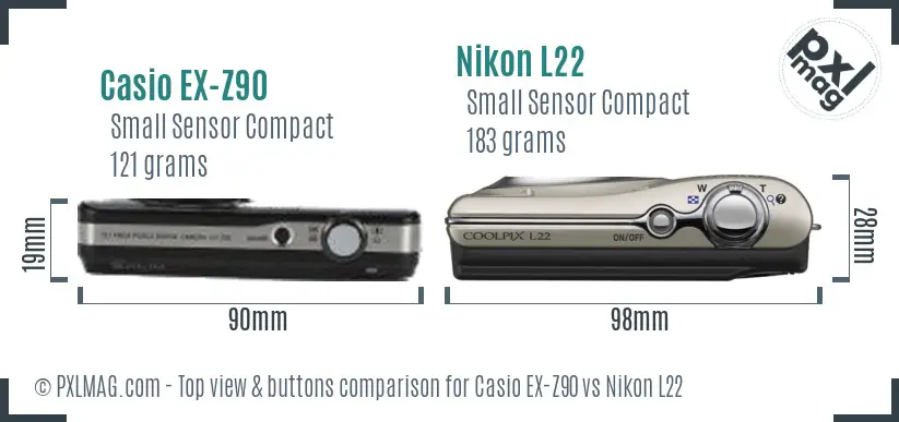 Casio EX-Z90 vs Nikon L22 top view buttons comparison Casio EX-Z90 vs Nikon L22 top view buttons comparison