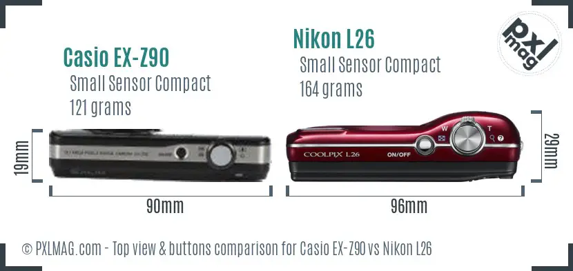 Casio EX-Z90 vs Nikon L26 top view buttons comparison