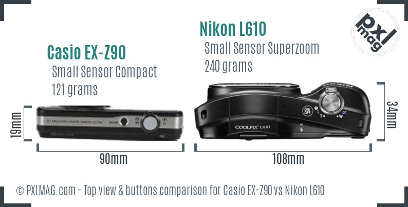 Casio EX-Z90 vs Nikon L610 top view buttons comparison