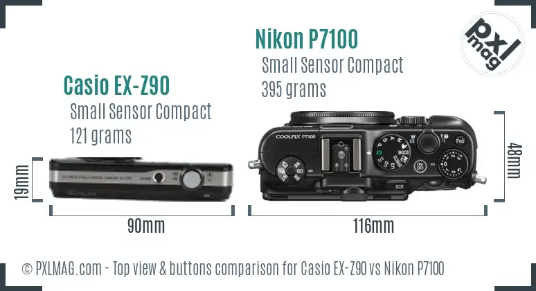 Casio EX-Z90 vs Nikon P7100 top view buttons comparison Casio EX-Z90 vs Nikon P7100 top view buttons comparison
