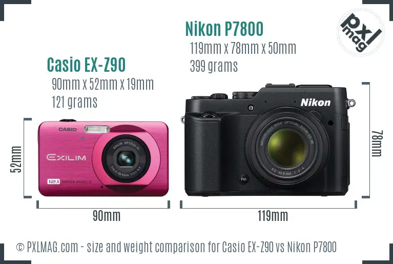 Casio EX-Z90 vs Nikon P7800 size comparison