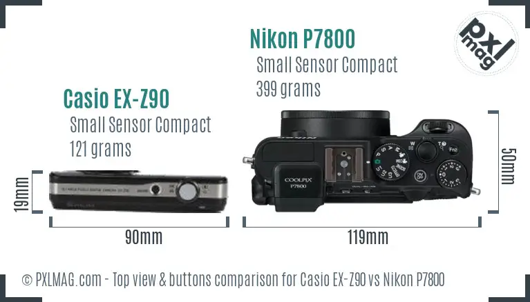 Casio EX-Z90 vs Nikon P7800 top view buttons comparison