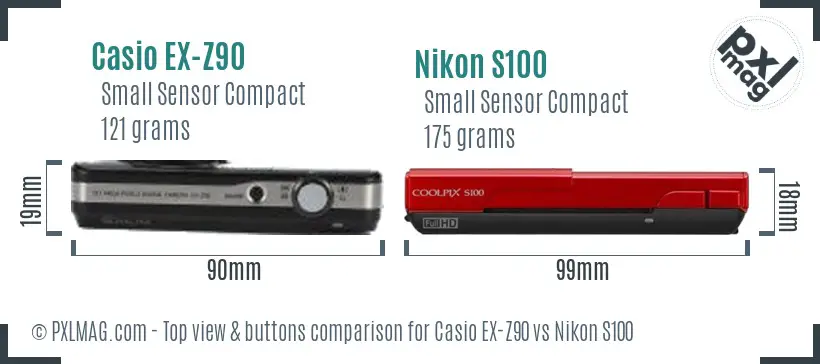 Casio EX-Z90 vs Nikon S100 top view buttons comparison Casio EX-Z90 vs Nikon S100 top view buttons comparison
