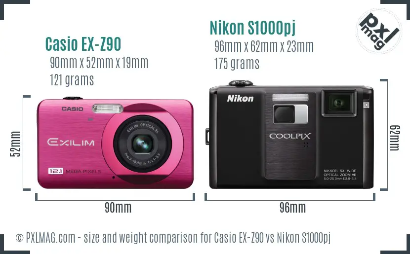 Casio EX-Z90 vs Nikon S1000pj size comparison Casio EX-Z90 vs Nikon S1000pj size comparison
