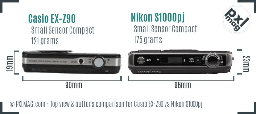 Casio EX-Z90 vs Nikon S1000pj top view buttons comparison Casio EX-Z90 vs Nikon S1000pj top view buttons comparison