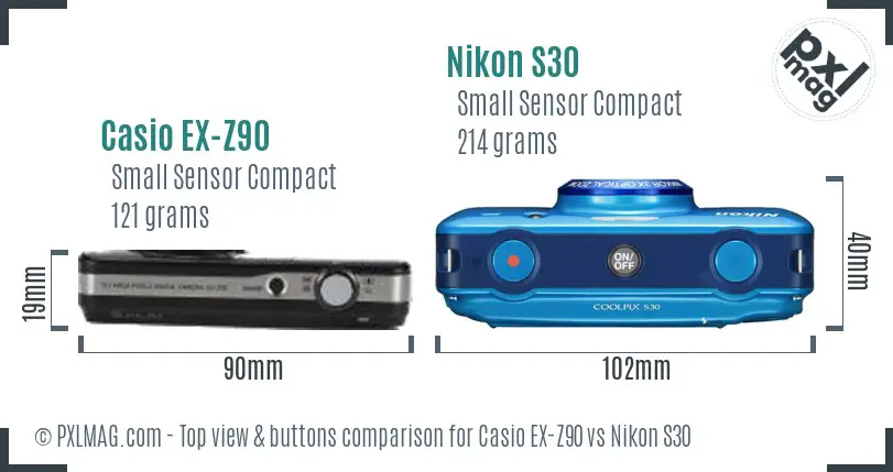 Casio EX-Z90 vs Nikon S30 top view buttons comparison