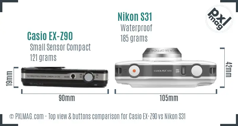 Casio EX-Z90 vs Nikon S31 top view buttons comparison