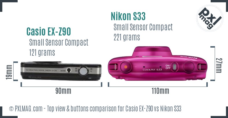 Casio EX-Z90 vs Nikon S33 top view buttons comparison