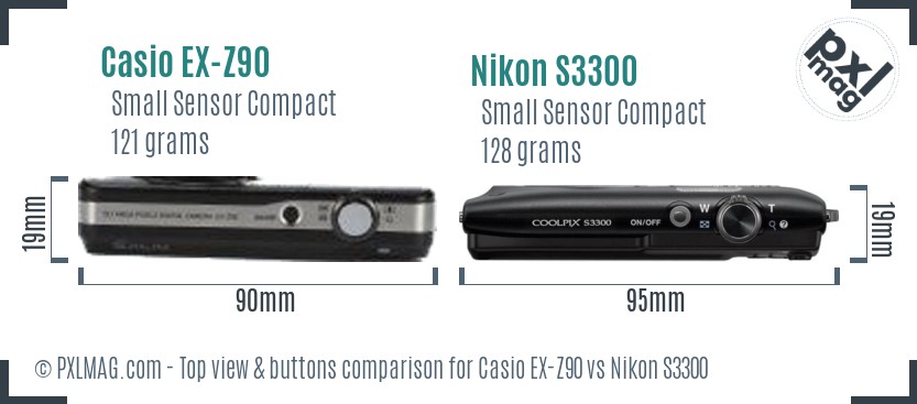 Casio EX-Z90 vs Nikon S3300 top view buttons comparison