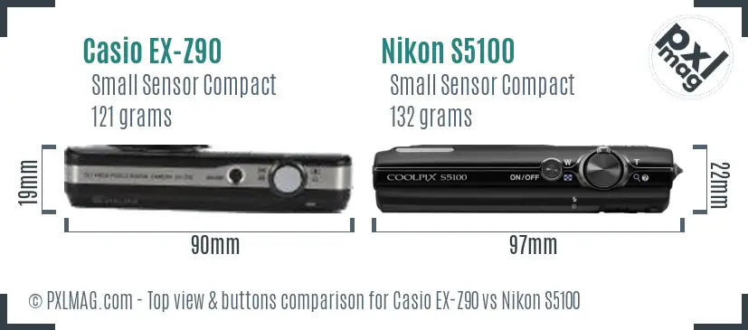 Casio EX-Z90 vs Nikon S5100 top view buttons comparison Casio EX-Z90 vs Nikon S5100 top view buttons comparison