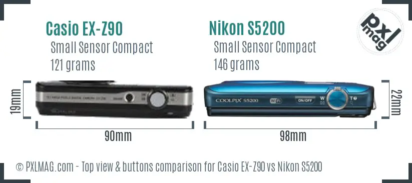Casio EX-Z90 vs Nikon S5200 top view buttons comparison Casio EX-Z90 vs Nikon S5200 top view buttons comparison