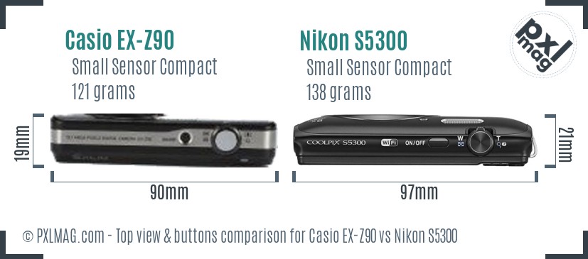 Casio EX-Z90 vs Nikon S5300 top view buttons comparison