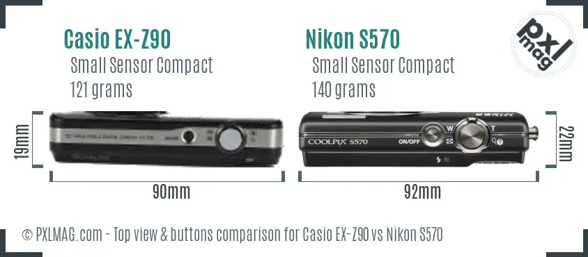 Casio EX-Z90 vs Nikon S570 top view buttons comparison