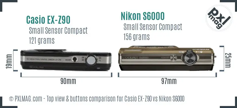 Casio EX-Z90 vs Nikon S6000 top view buttons comparison