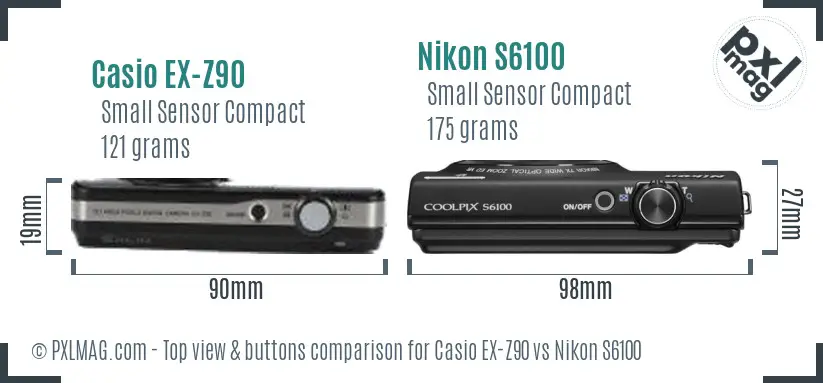 Casio EX-Z90 vs Nikon S6100 top view buttons comparison Casio EX-Z90 vs Nikon S6100 top view buttons comparison