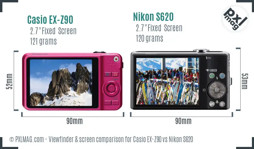 Casio EX-Z90 vs Nikon S620 Screen and Viewfinder comparison