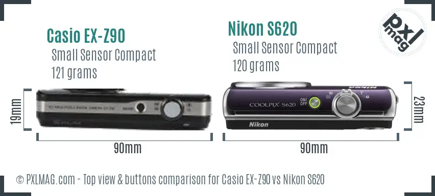 Casio EX-Z90 vs Nikon S620 top view buttons comparison